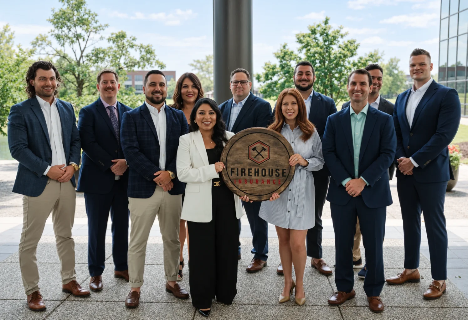 The Firehouse Insurance team standing outdoors, holding the company's hand-carved wood logo sign