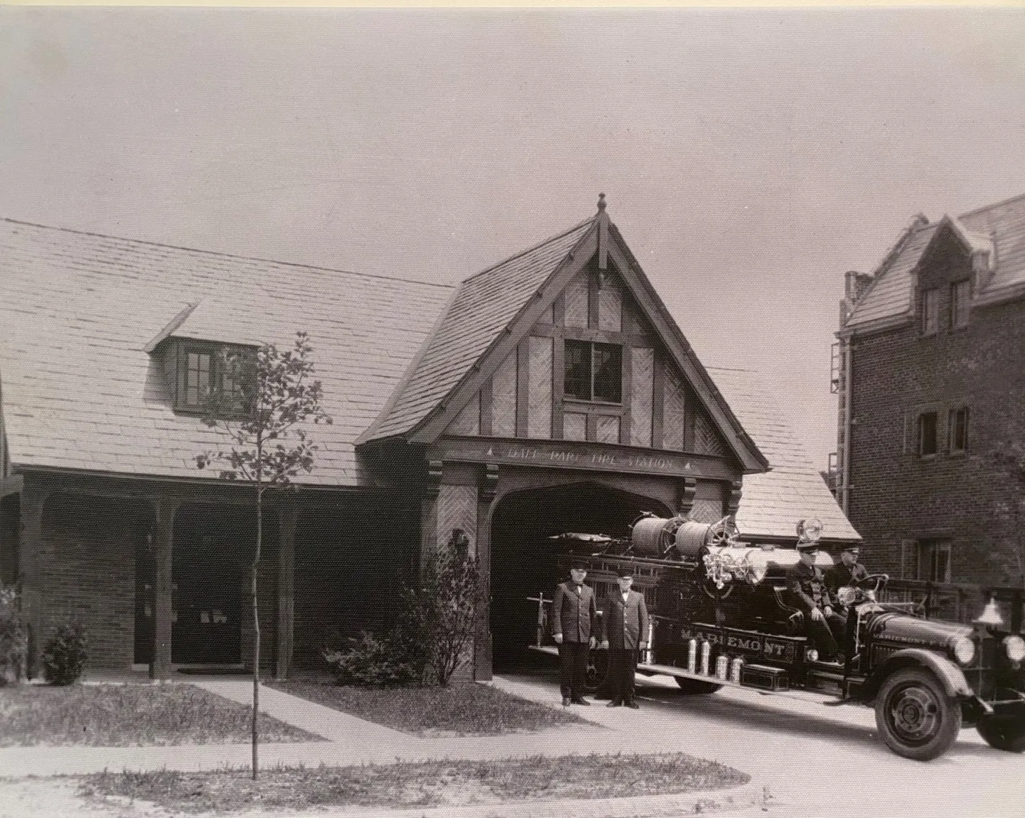 Historic 1924 photograph of the Mariemont, Ohio fire station, Firehouse Insurance's original office and the source of the company name